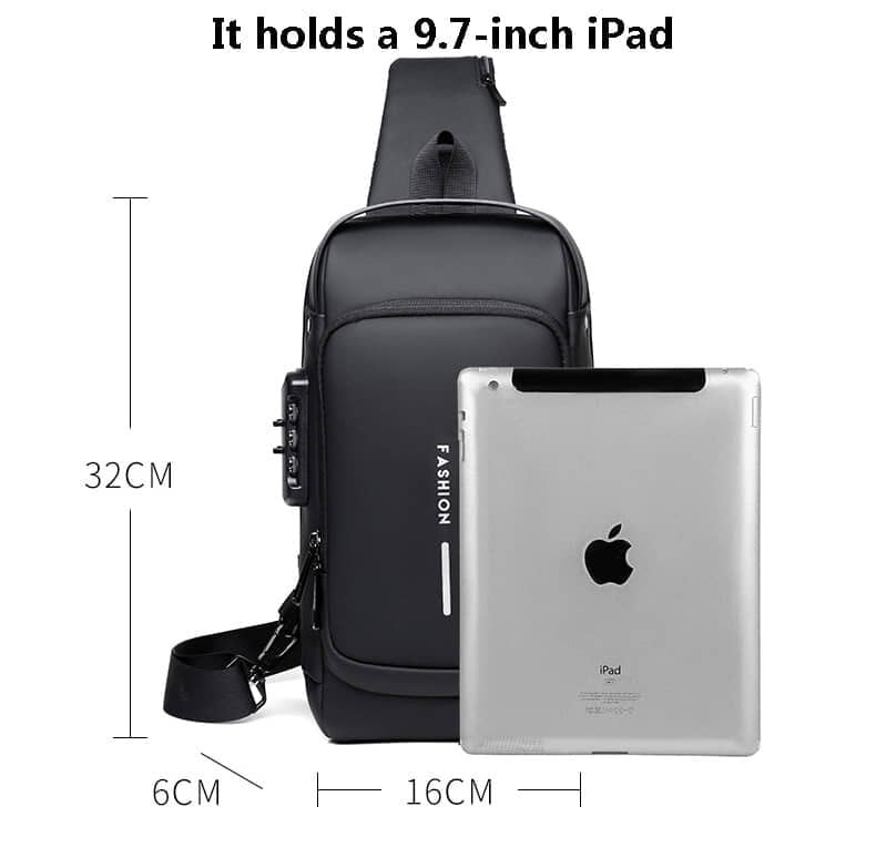Picture of Anti - theft smart black Travel Bag Male USB Charging Chest Bag Pack Multifunction Patent Leather Chest Bag Men Waterproof Men Crossbody Bag