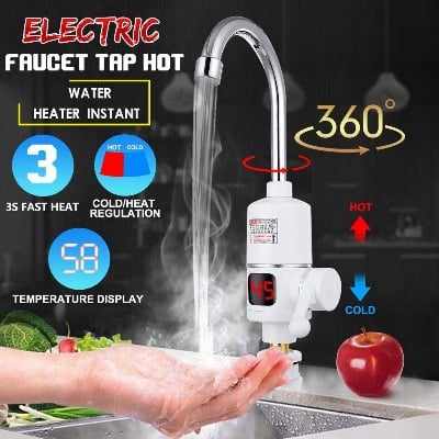 Picture of Electric Instant Thankless Digital Electric Hot Water Tap for any wall Mount with led Display with hand shower Faucet, Digital Bathroom Heater - Silver