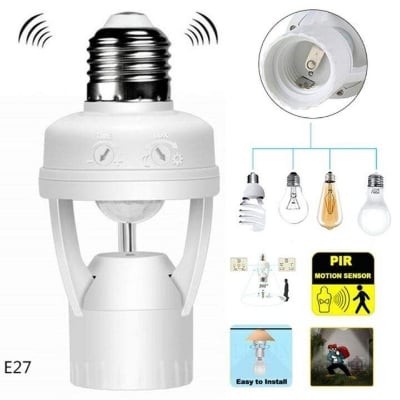 Picture of E27 Motion Sensor Bulb Holder Integrated PIR 360 Degrees Intelligent Induction Motion Sensor Lamp Socket 360 Degrees PIR Human Induction Motion Sensor LED Night Lamp Holder Corridor Base for Bathroom, Stairs, Door, Garage Delay Time Adjustable Switch - White