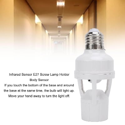 Picture of E27 Motion Sensor Bulb Holder Integrated PIR 360 Degrees Intelligent Induction Motion Sensor Lamp Socket 360 Degrees PIR Human Induction Motion Sensor LED Night Lamp Holder Corridor Base for Bathroom, Stairs, Door, Garage Delay Time Adjustable Switch - White