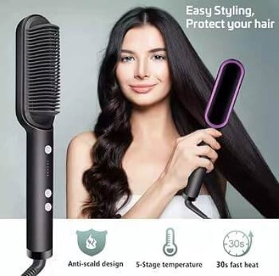 Picture of 2in1 Curly Hair Straightener Professional Brush Ceramic Electric Straightening Brush Fast Heating Splint Negative Ion Curler Straightener Comb Styler Curly Styling Tool