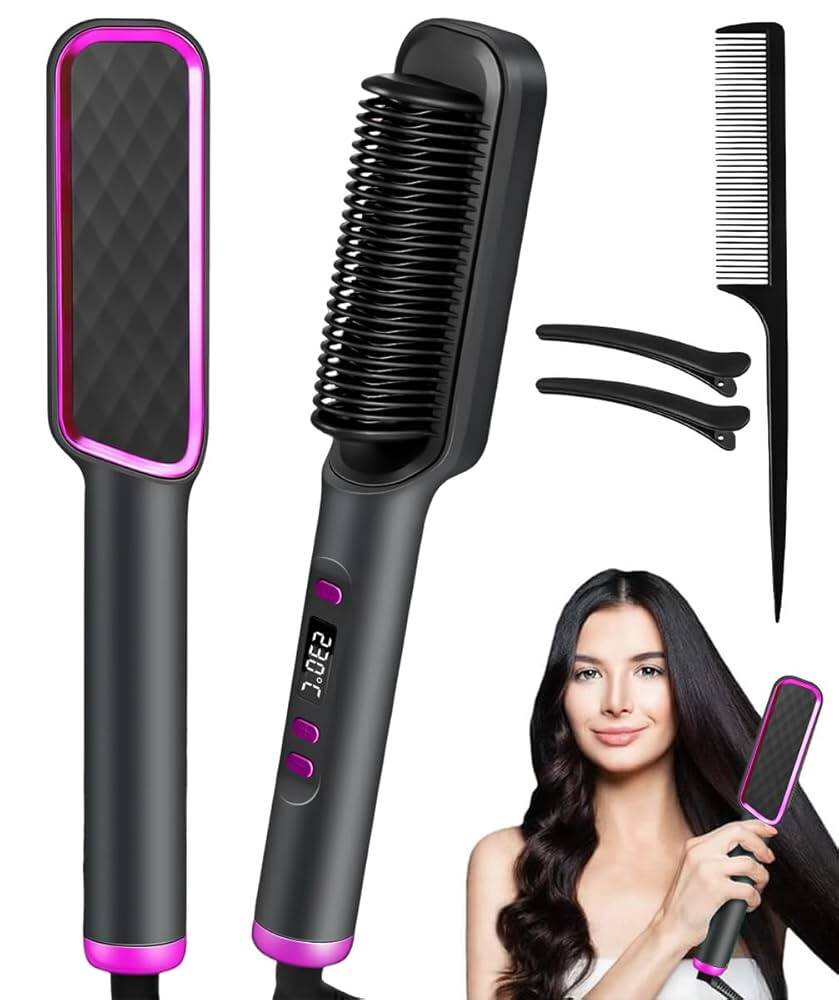 Picture of 2in1 Curly Hair Straightener Professional Brush Ceramic Electric Straightening Brush Fast Heating Splint Negative Ion Curler Straightener Comb Styler Curly Styling Tool