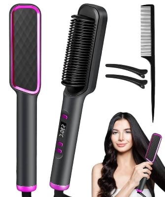 Picture of 2in1 Curly Hair Straightener Professional Brush Ceramic Electric Straightening Brush Fast Heating Splint Negative Ion Curler Straightener Comb Styler Curly Styling Tool