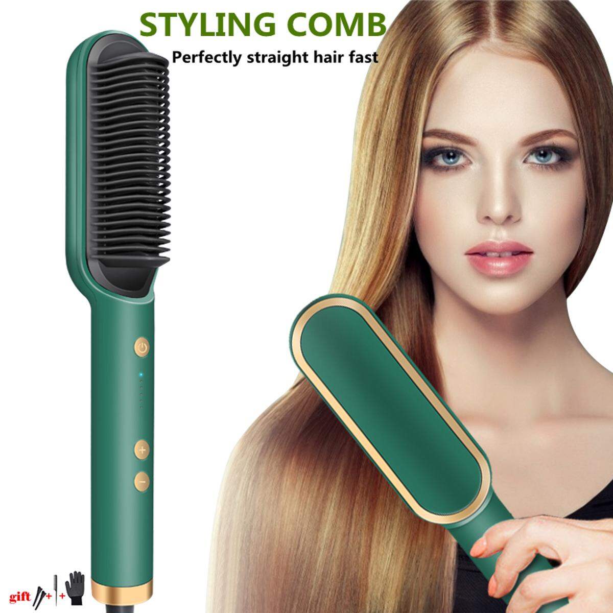 Picture of 2in1 Curly Hair Straightener Professional Brush Ceramic Electric Straightening Brush Fast Heating Splint Negative Ion Curler Straightener Comb Styler Curly Styling Tool