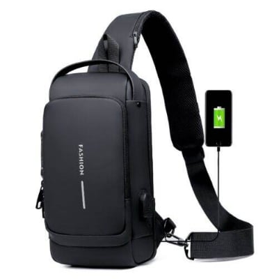 Picture of Multifunctional USB charging sport sling Anti - theft Patent Leather Chest Bag Men Waterproof Men Crossbody Bag Anti - theft Travel Bag Male USB Charging Chest Bag Pack