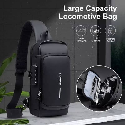 Picture of Multifunctional USB charging sport sling Anti - theft Patent Leather Chest Bag Men Waterproof Men Crossbody Bag Anti - theft Travel Bag Male USB Charging Chest Bag Pack