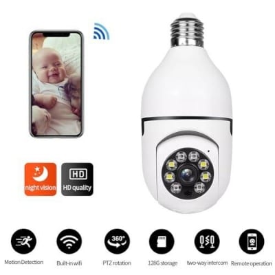Picture of PTZ Bulb IP Camera 1080 HD WIFI IP Security Camera V380 IP Camera E27 360 Degree Rotation Night Vision Two - Way Audio Motion Detection 2MP V380 PRO Q16 Camera - White