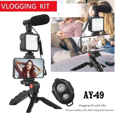 Picture of AY - 49 Remote Control Vlogging Video Making Kit Smartphone Vlogging Kit Wireless Control Photography Fill Light With Tripod Stand Microphone For Tiktok Youtube Conference - Ring Light indoor Plastic Professional Desktop Phone Set with LED Fill Light Mini - Black