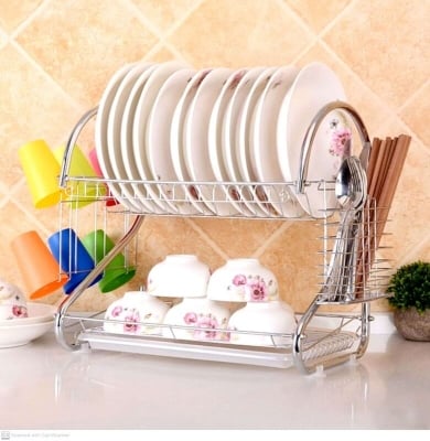 Picture of Stainless Steel 2 - Layer Dish Drainer Rack S Shape Kitchen Dish Rack Organizer Storage Set with Tray Efficiently Dry And Organize Your Dishes 16 Plate - Silver