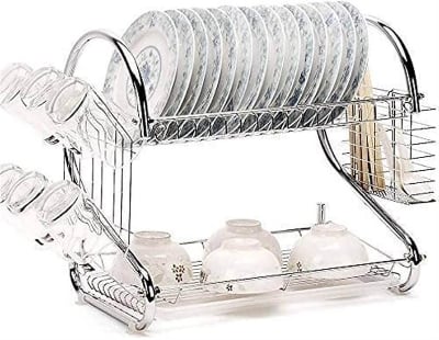 Picture of Stainless Steel 2 - Layer Dish Drainer Rack S Shape Kitchen Dish Rack Organizer Storage Set with Tray Efficiently Dry And Organize Your Dishes 16 Plate - Silver