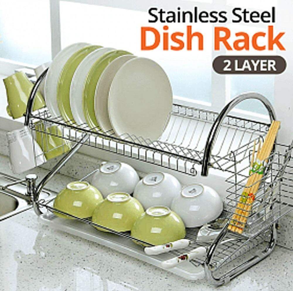 Picture of Stainless Steel 2 - Layer Dish Drainer Rack S Shape Kitchen Dish Rack Organizer Storage Set with Tray Efficiently Dry And Organize Your Dishes 16 Plate - Silver