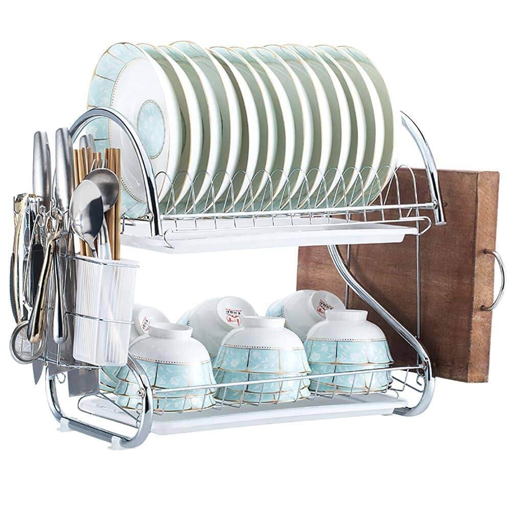 Picture of Stainless Steel 2 - Layer Dish Drainer Rack S Shape Kitchen Dish Rack Organizer Storage Set with Tray Efficiently Dry And Organize Your Dishes 16 Plate - Silver
