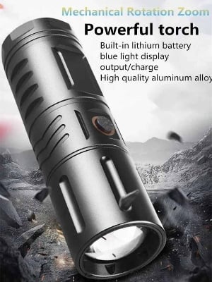 Picture of High Powered T40 LED Flashlight Multi - Purpose Zoomable Strong Light USB Rechargeable Ultra - Bright Torch High Power 2000mAh USB Rechargeable, Built - in 18650 Batteries for Outdoor, Camping & Emergency Use Flashlight - Black