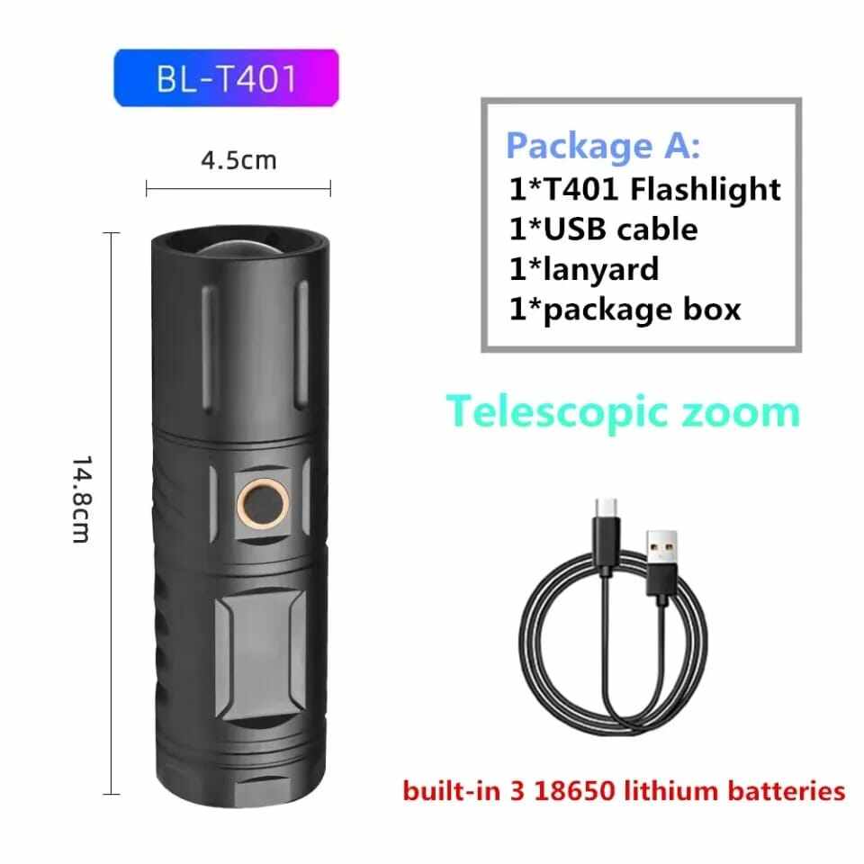 Picture of High Powered T40 LED Flashlight Multi - Purpose Zoomable Strong Light USB Rechargeable Ultra - Bright Torch High Power 2000mAh USB Rechargeable, Built - in 18650 Batteries for Outdoor, Camping & Emergency Use Flashlight - Black