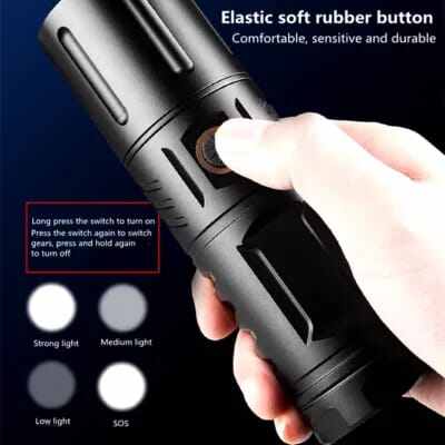 Picture of High Powered T40 LED Flashlight Multi - Purpose Zoomable Strong Light USB Rechargeable Ultra - Bright Torch High Power 2000mAh USB Rechargeable, Built - in 18650 Batteries for Outdoor, Camping & Emergency Use Flashlight - Black