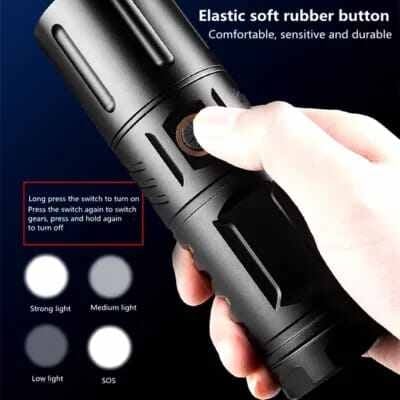 Picture of High Powered T40 LED Flashlight Multi - Purpose Zoomable Strong Light USB Rechargeable Ultra - Bright Torch High Power 2000mAh USB Rechargeable, Built - in 18650 Batteries for Outdoor, Camping & Emergency Use Flashlight - Black