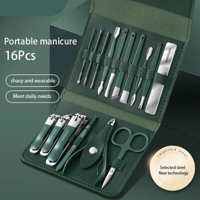 Picture of 16 PCS Stainless Steel Portable Nail Clipper Set Pedicure Tools, Stainless Steel Nail Cutter Kit for men and women, with Leather Bag, Travel Grooming Kit for Facial, Cuticle and Nail Care Professional Pedicure Kit Beauty Manicure Set - Multicolor