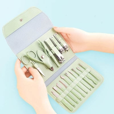 Picture of 16 PCS Stainless Steel Portable Nail Clipper Set Pedicure Tools, Stainless Steel Nail Cutter Kit for men and women, with Leather Bag, Travel Grooming Kit for Facial, Cuticle and Nail Care Professional Pedicure Kit Beauty Manicure Set - Multicolor
