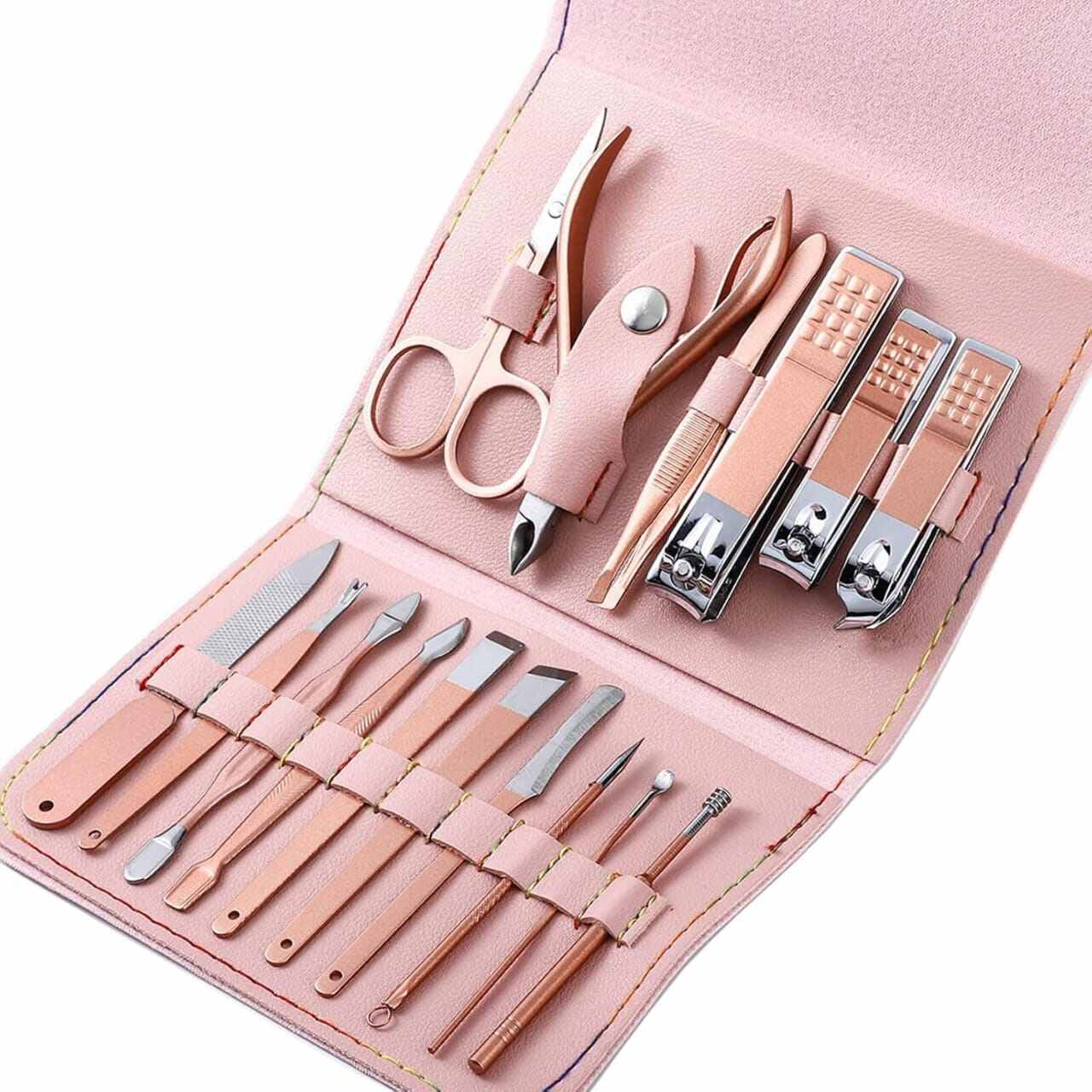 Picture of 16 PCS Stainless Steel Portable Nail Clipper Set Pedicure Tools, Stainless Steel Nail Cutter Kit for men and women, with Leather Bag, Travel Grooming Kit for Facial, Cuticle and Nail Care Professional Pedicure Kit Beauty Manicure Set - Multicolor