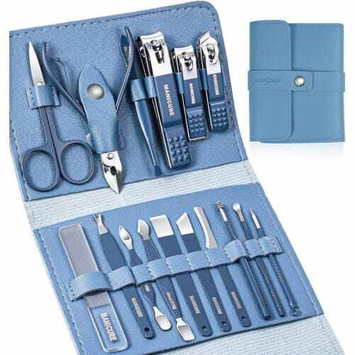 Picture of 16 PCS Stainless Steel Portable Nail Clipper Set Pedicure Tools, Stainless Steel Nail Cutter Kit for men and women, with Leather Bag, Travel Grooming Kit for Facial, Cuticle and Nail Care Professional Pedicure Kit Beauty Manicure Set - Multicolor