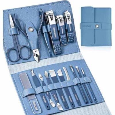 Picture of 16 PCS Stainless Steel Portable Nail Clipper Set Pedicure Tools, Stainless Steel Nail Cutter Kit for men and women, with Leather Bag, Travel Grooming Kit for Facial, Cuticle and Nail Care Professional Pedicure Kit Beauty Manicure Set - Multicolor