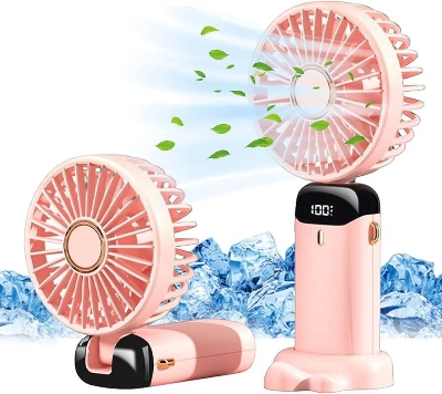 Picture of Portable Handheld Personal Rechargeable Fan LED Digital Display 5 Speed 90°Adjustable 4000mAh Rechargeable Fan 9 - 16 Hour, 5 Speed Wind Mini Aromatherapy Fan for Room Table Outdoor Traval (Night Green) with Phone Stand - Multicolor