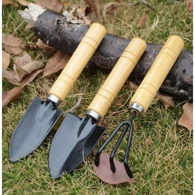 Picture of 3 - Piece Mini Garden Tool Set – Shovel, Rake, Spade with Wooden Handles for Plants & Weeding, Flowers Potted Plant Set Small 7" - 3 PCS - Black