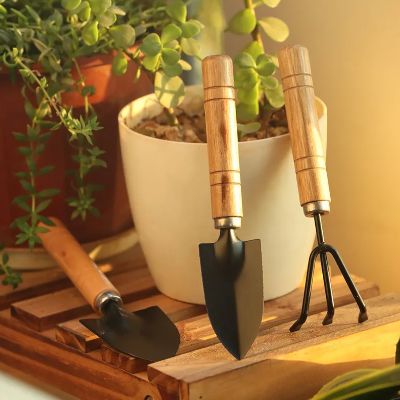 Picture of 3 - Piece Mini Garden Tool Set – Shovel, Rake, Spade with Wooden Handles for Plants & Weeding, Flowers Potted Plant Set Small 7" - 3 PCS - Black