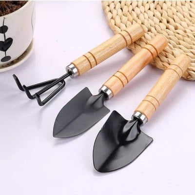 Picture of 3 - Piece Mini Garden Tool Set – Shovel, Rake, Spade with Wooden Handles for Plants & Weeding, Flowers Potted Plant Set Small 7" - 3 PCS - Black