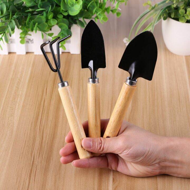 Picture of 3 - Piece Mini Garden Tool Set – Shovel, Rake, Spade with Wooden Handles for Plants & Weeding, Flowers Potted Plant Set Small 7" - 3 PCS - Black