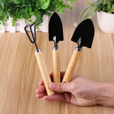 Picture of 3 - Piece Mini Garden Tool Set – Shovel, Rake, Spade with Wooden Handles for Plants & Weeding, Flowers Potted Plant Set Small 7" - 3 PCS - Black
