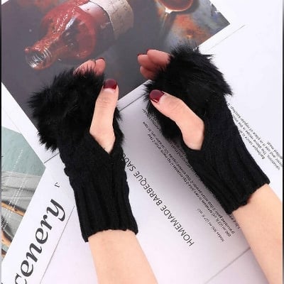 Picture of 1Pair Fashion Women Faux Rabbit Fur Hand Wrist Crochet Knitted Fingerless Gloves Knitting - Multicolor