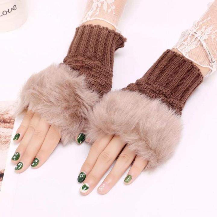 Picture of 1Pair Fashion Women Faux Rabbit Fur Hand Wrist Crochet Knitted Fingerless Gloves Knitting - Multicolor