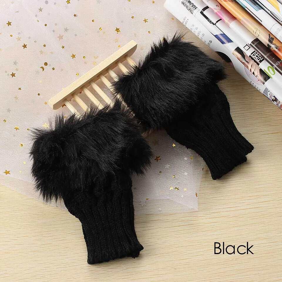 Picture of 1Pair Fashion Women Faux Rabbit Fur Hand Wrist Crochet Knitted Fingerless Gloves Knitting - Multicolor