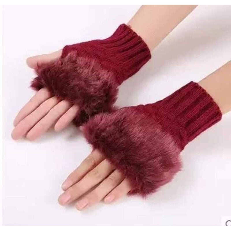 Picture of 1Pair Fashion Women Faux Rabbit Fur Hand Wrist Crochet Knitted Fingerless Gloves Knitting - Multicolor