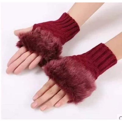 Picture of 1Pair Fashion Women Faux Rabbit Fur Hand Wrist Crochet Knitted Fingerless Gloves Knitting - Multicolor
