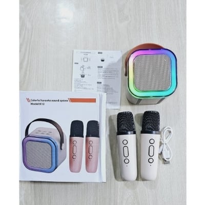 Picture of New K - 12 Home Portable RGB Multi - function Karaoke Machine Family Singing Loudspeaker Wireless Bluetooth 5.3 PA Speaker 2 Pcs Double Microphones - Multicolor