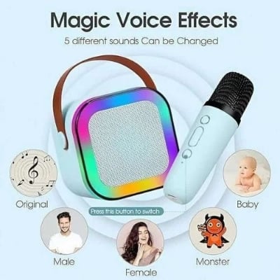 Picture of New K - 12 Home Portable RGB Multi - function Karaoke Machine Family Singing Loudspeaker Wireless Bluetooth 5.3 PA Speaker 2 Pcs Double Microphones - Multicolor