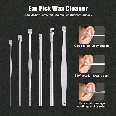 Picture of 6 Pcs Ear Pick Set Portable Ear Cleaner Set Stainless Steel with Leather Case