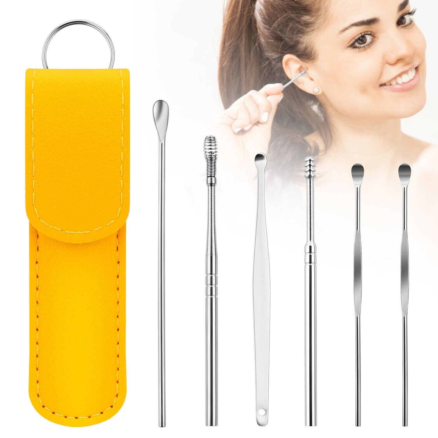 Picture of 6 Pcs Ear Pick Set Portable Ear Cleaner Set Stainless Steel with Leather Case