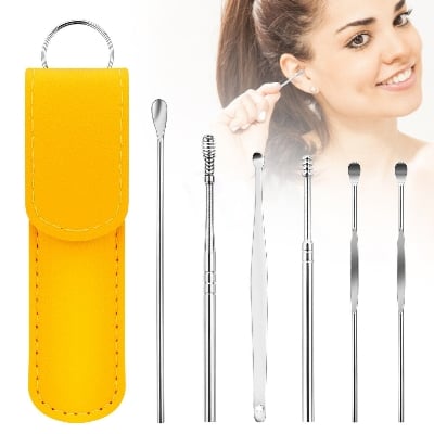 Picture of 6 Pcs Ear Pick Set Portable Ear Cleaner Set Stainless Steel with Leather Case