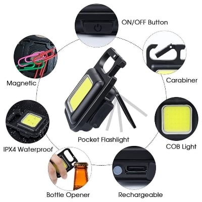 Picture of Universal Multifunctional Mini LED Keychain Flashlights Portable COB Work Light USB Charging Camping Lamp Outdoor Torch Fishing Lantern - Black