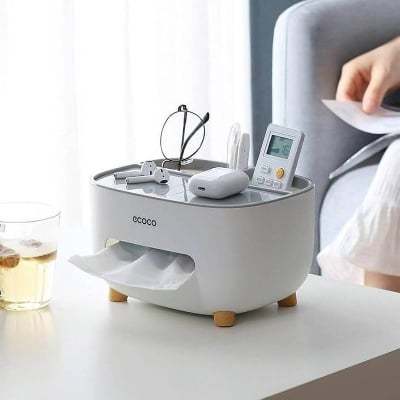 Picture of Multifunctional Tissue Box Cover & Tools Holder Style Tissue Box Holder Plastic Household Napkin Storage Box Practical Desk Organizer Office - Xaey - Multicolor