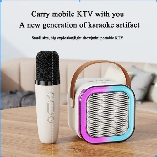 Picture of New K - 12 Home Portable RGB Multi - function Karaoke Machine Family Singing Loudspeaker Wireless Bluetooth 5.3 PA Speaker 1 Pcs Single Microphone - Multicolor