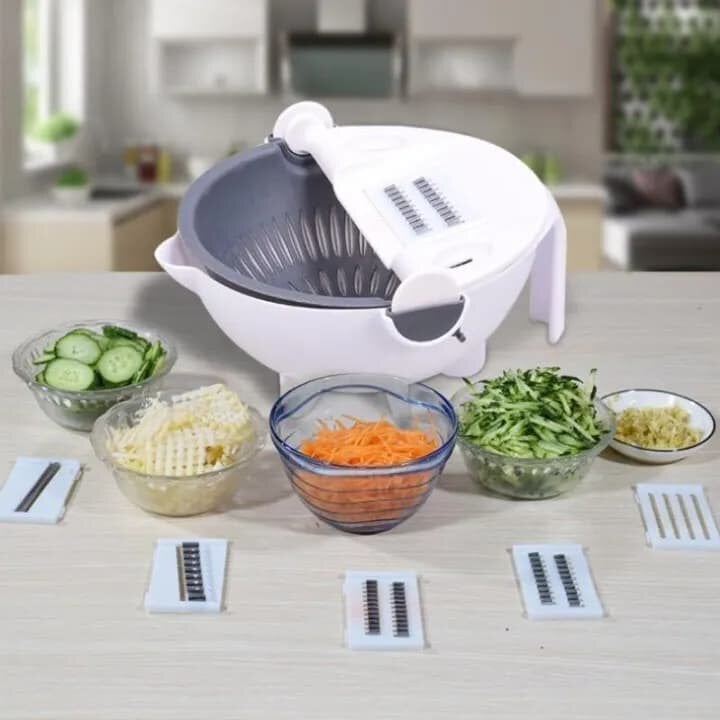 Picture of New 9 in 1 Multifunction Large Capacity Magic Rotate Vegetables Chopper Cutter with Drain Basket Veggie Shredder Grater Portable Slicer Kitchen Tool with 8 Dicing Blades by FlashBuy Deals