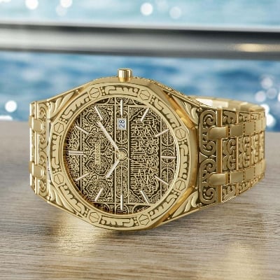 Picture of Arabic Ayatul Kursi watch Stainless Steel Band Gold VALINK MECCA WATCH LUXURY ISLAMIC WRIST WATCH MEN Onola - Gold