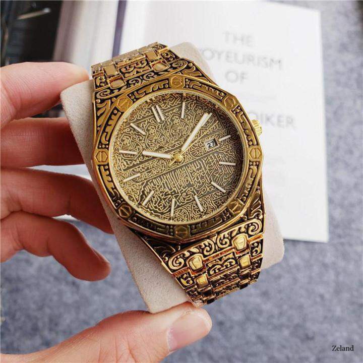 Picture of Arabic Ayatul Kursi watch Stainless Steel Band Gold VALINK MECCA WATCH LUXURY ISLAMIC WRIST WATCH MEN Onola - Gold