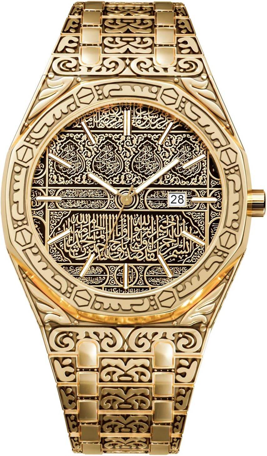 Picture of Arabic Ayatul Kursi watch Stainless Steel Band Gold VALINK MECCA WATCH LUXURY ISLAMIC WRIST WATCH MEN Onola - Gold