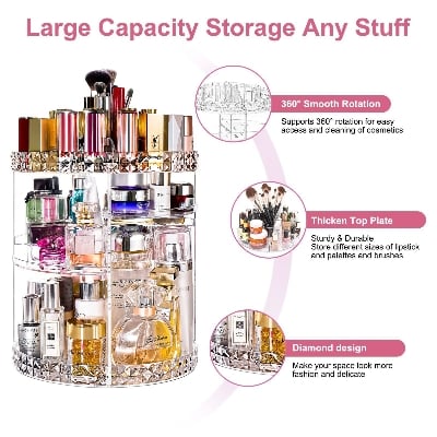 Picture of 360° Rotating Makeup Organizer Cosmetics Organizer Diamond Rotatable Cosmetics Storage Box Storage Tray Holder for Desktop Bathroom Bedroom Pink - Multicolor