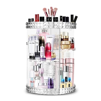 Picture of 360° Rotating Makeup Organizer Cosmetics Organizer Diamond Rotatable Cosmetics Storage Box Storage Tray Holder for Desktop Bathroom Bedroom Pink - Multicolor